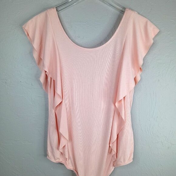 1. State Ribbed Ruffle Bodysuit in peach - Picture 3 of 8